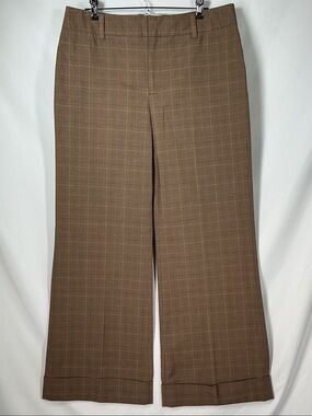Vintage GAP Stretch Windowpane Plaid Wide Leg Trouser Brown Pants Cuffed Size 12